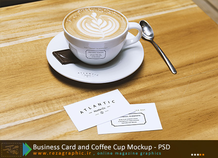  طرح لایه باز پیش نمایش کارت ویزیت و فینجان قهوه - Business Card and Coffee Cup Mockup | رضاگرافیک